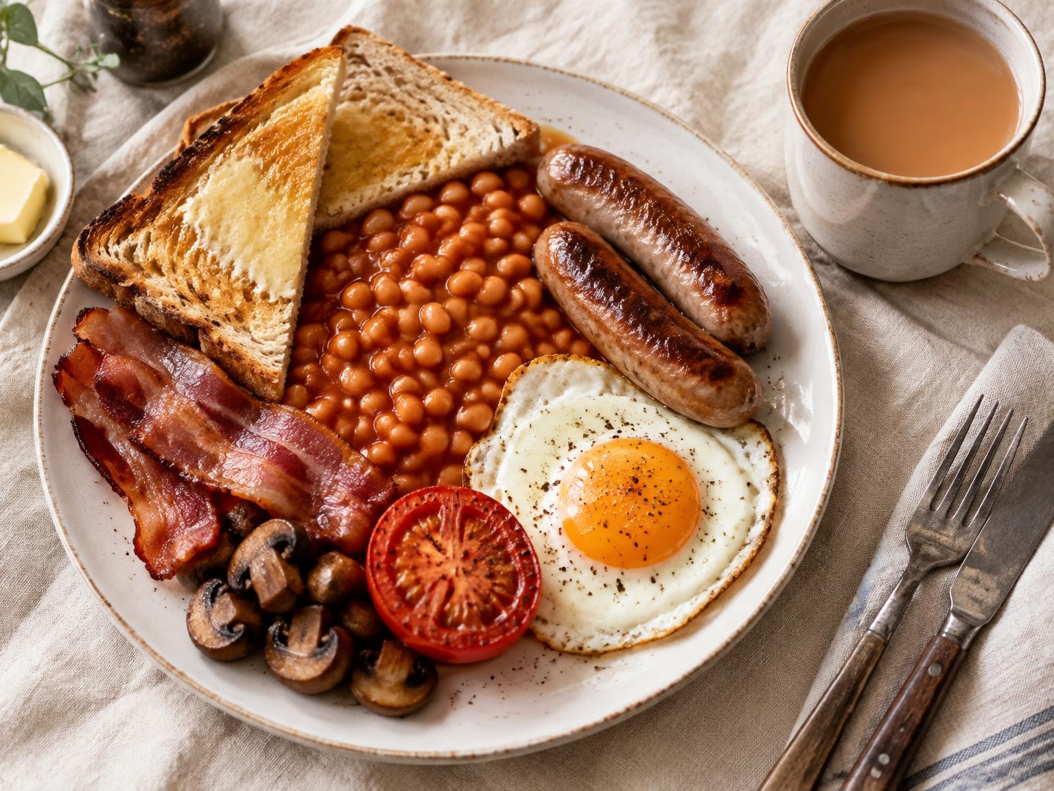 Full English breakfast with bacon, sausage, eggs, beans and toast at Theo's Cafe, Uxbridge