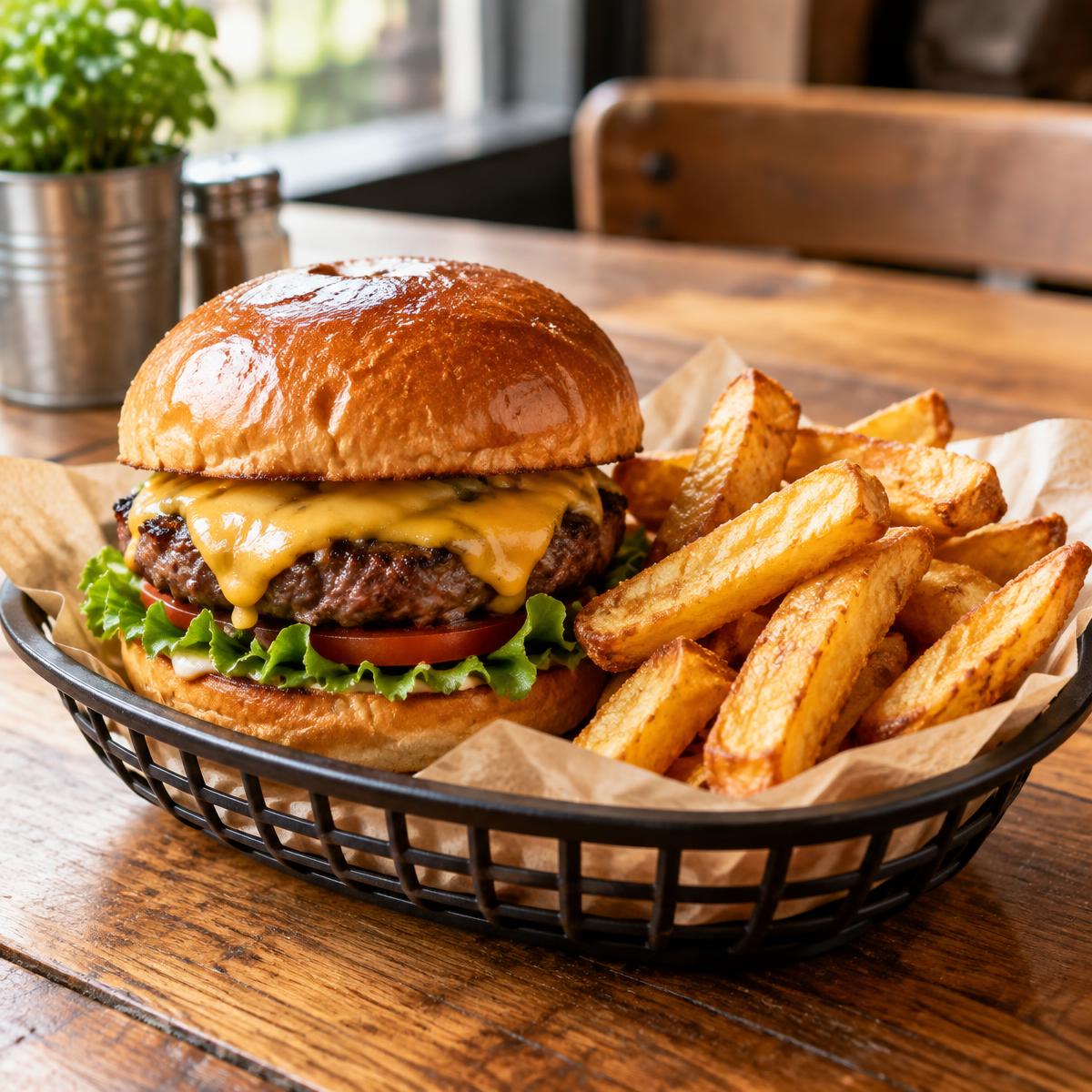 Homemade burger and chunky chips served at Theo's Cafe, Uxbridge
