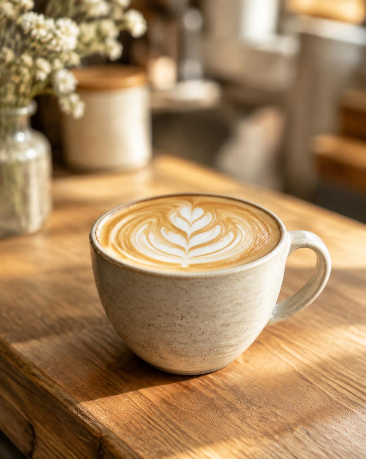 Coffee with latte art served at Theo's Cafe in Cowley