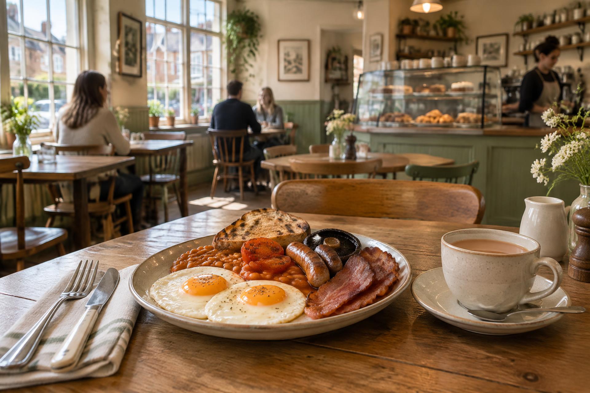 Freshly cooked breakfast on a wooden table inside Theo's Cafe & Deli in Cowley, Uxbridge