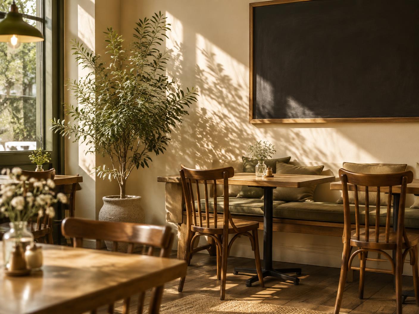 Sunlit wooden tables and green banquette seating inside Theo's Cafe & Deli